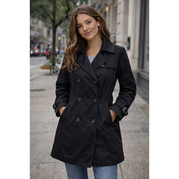 Espirit Jackets & Blazers - Espirit womens Black Button Down Mid Length Double Breasted Trenchcoat Sz 10